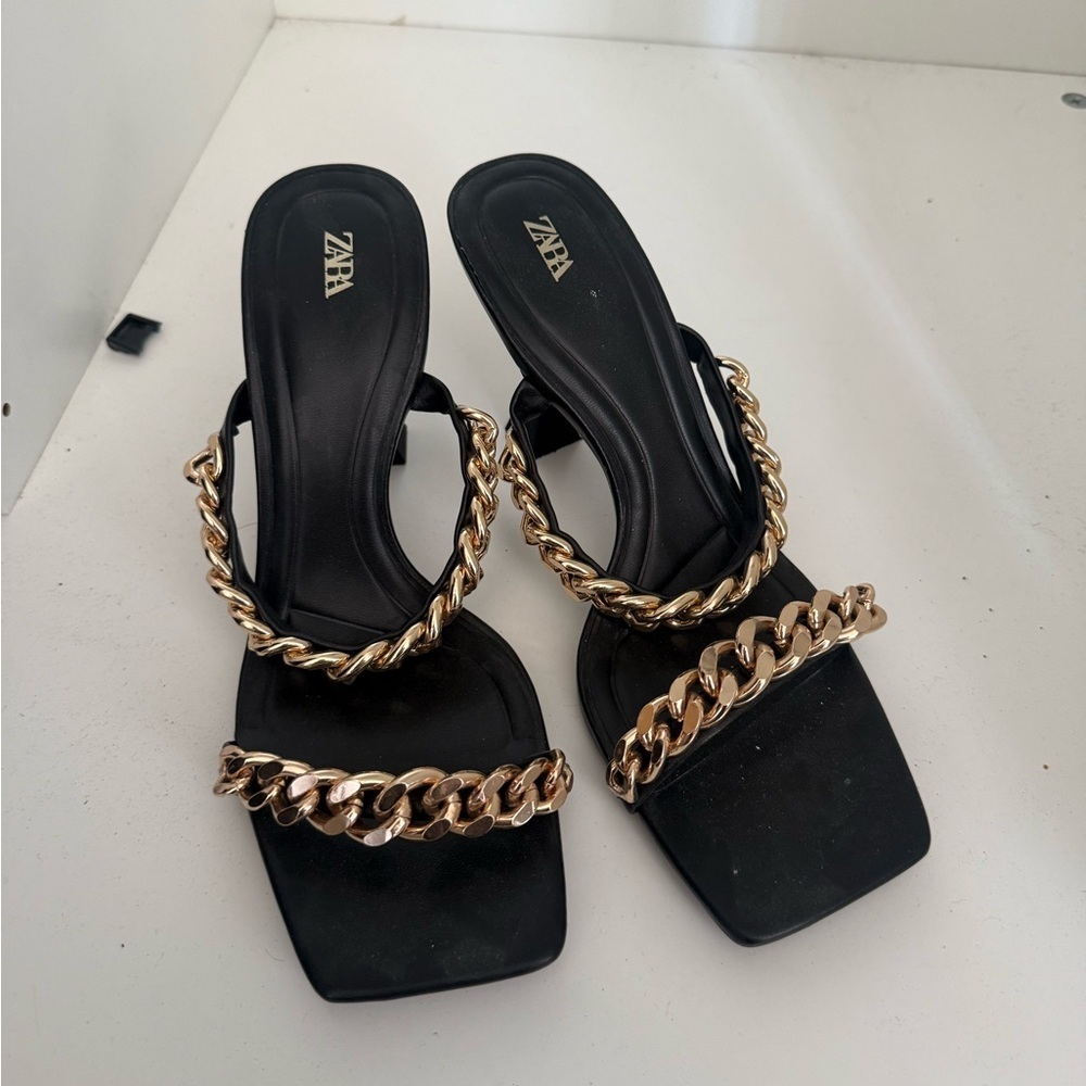 Zara Black Heels with Gold Chain Accent - Picture 5 of 6